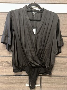 PAIGE Black Wrap Surplice Short Sleeve Bodysuit